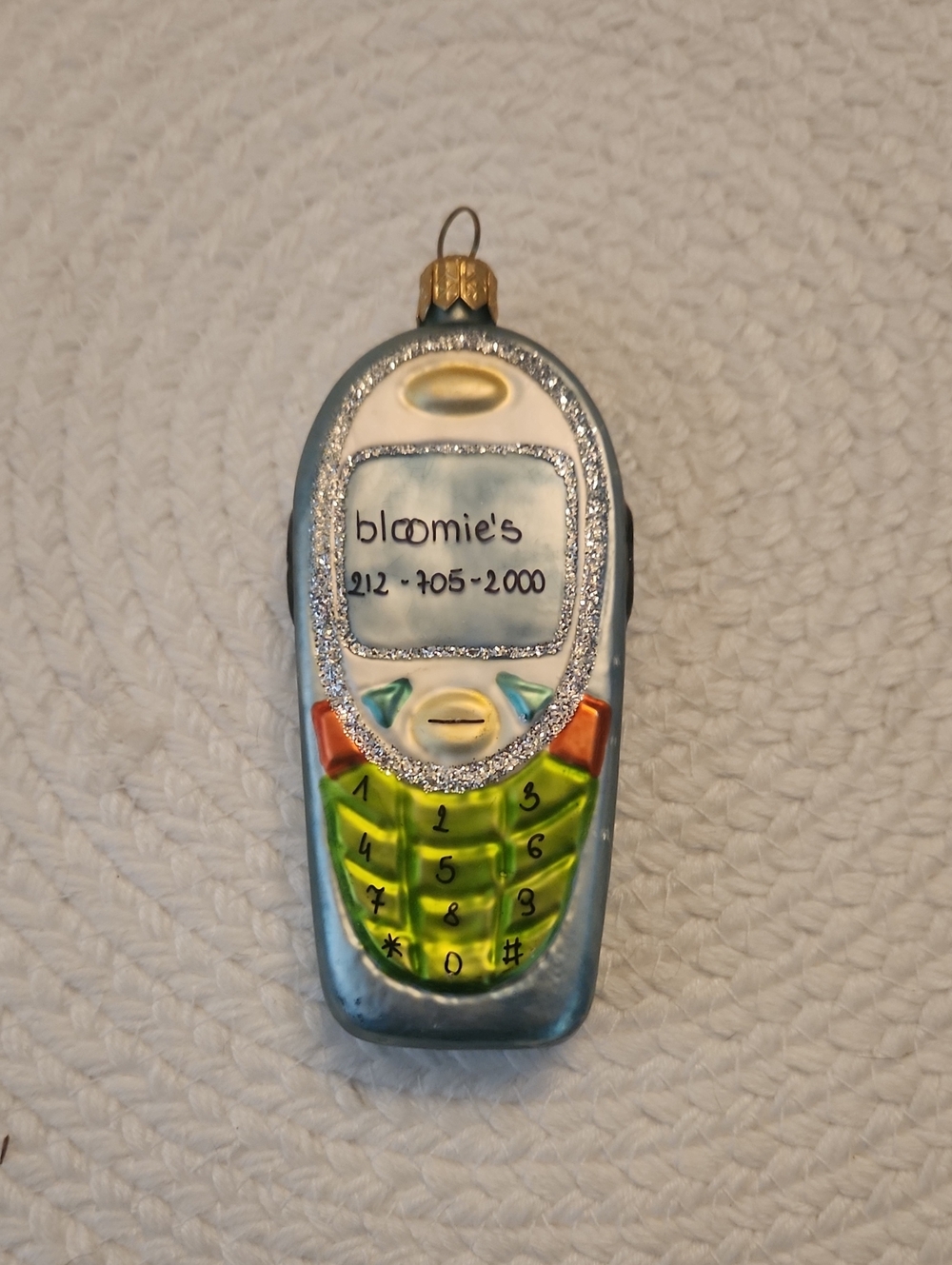 Bloomingdales Glass Cell Phone Ornament in Blue, Silver and Green